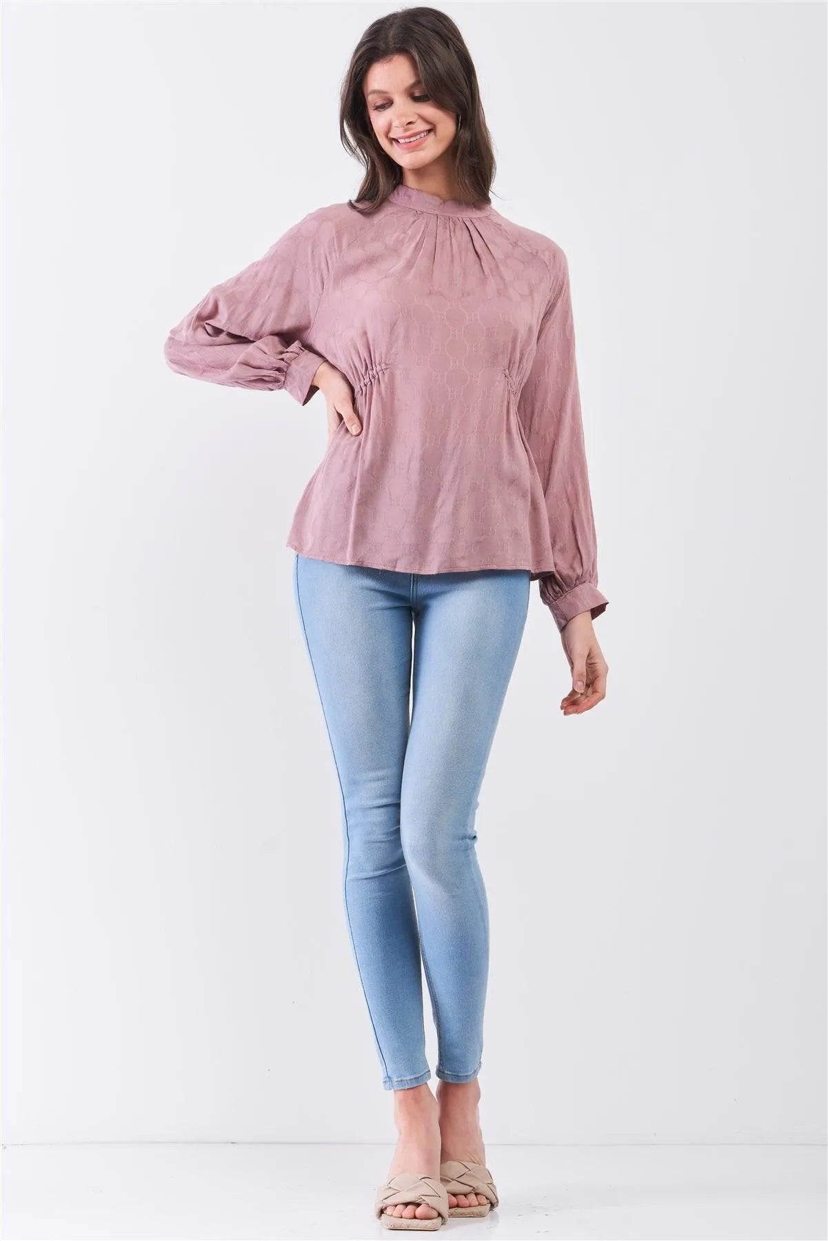 Boho Wood Rose Circle Pattern Mock Neck Long Sleeve Blouse