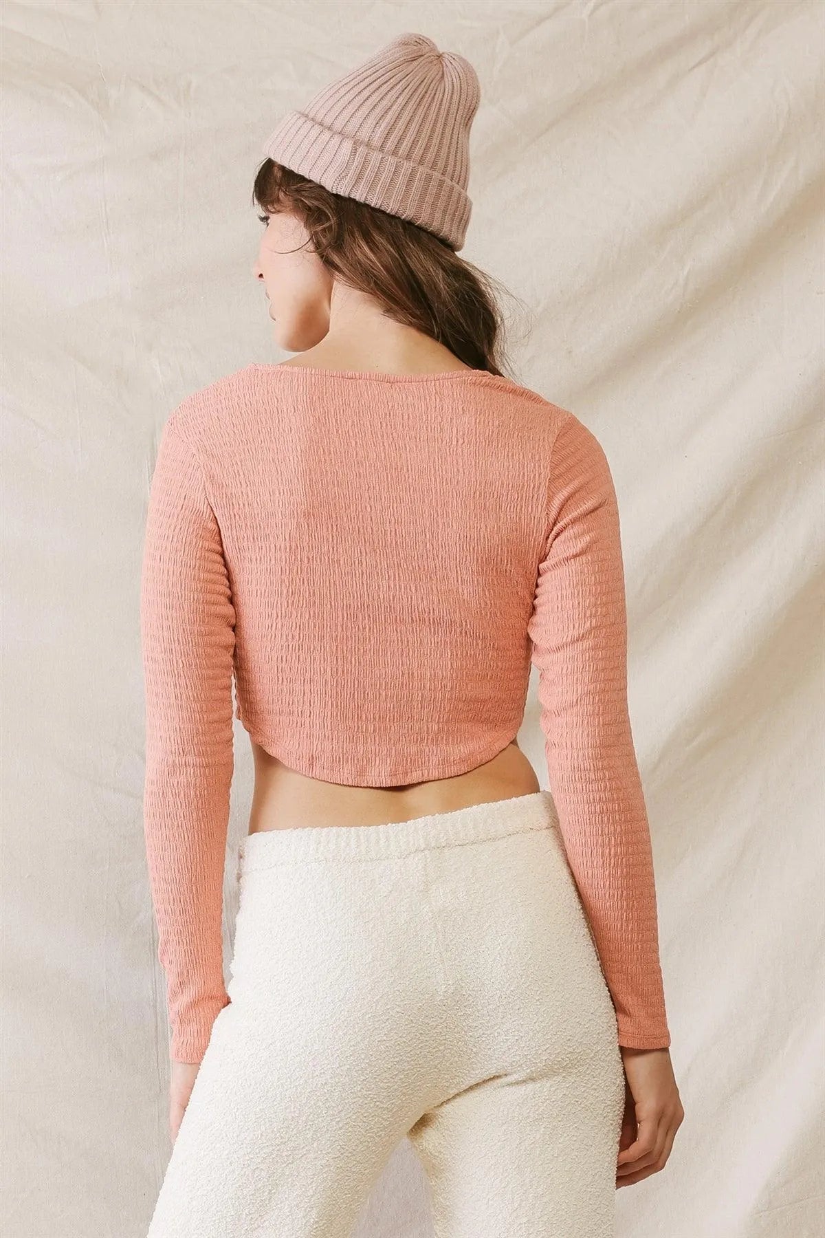 Peach Textured Curved Hem Long Sleeve Crop Top