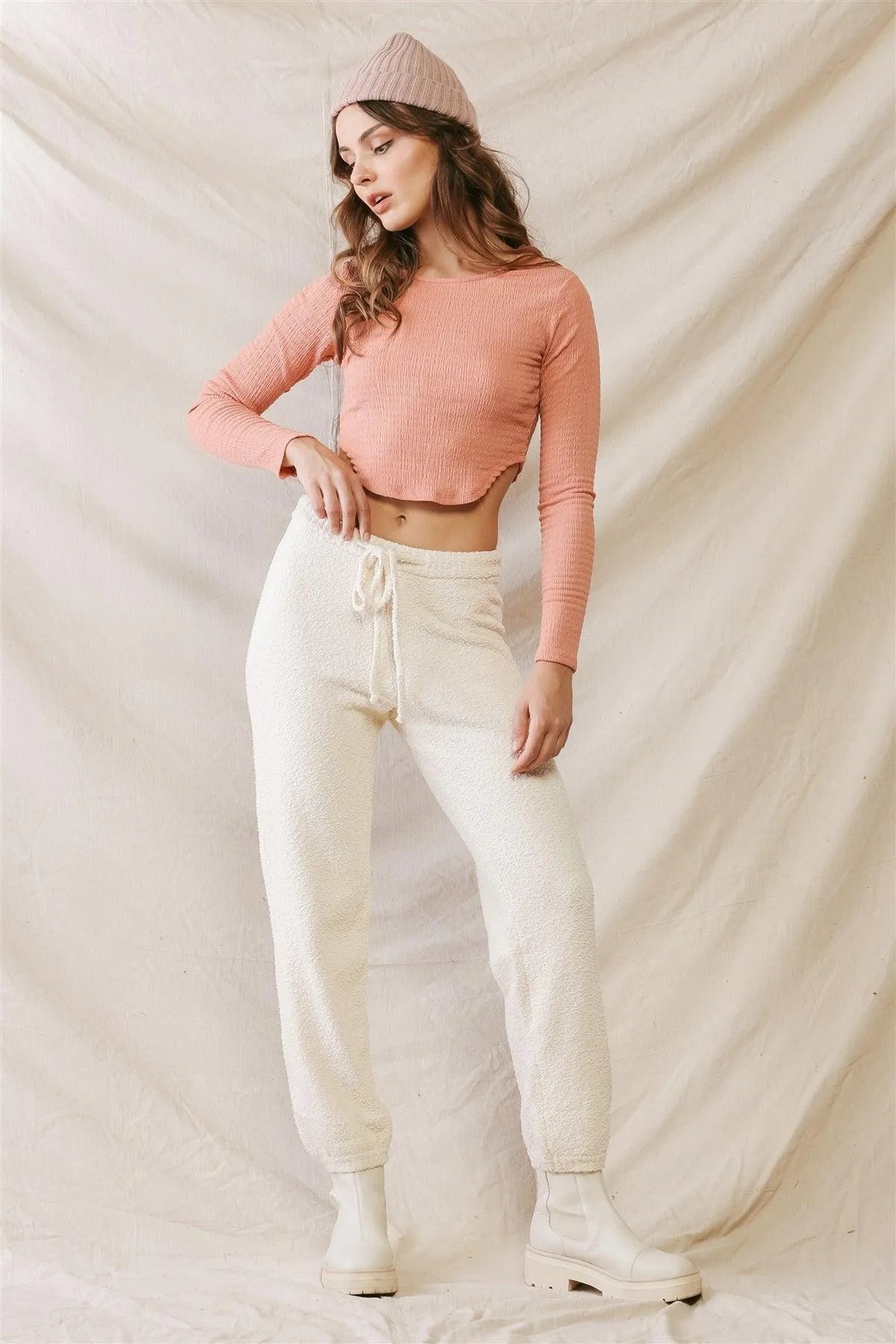 Peach Textured Curved Hem Long Sleeve Crop Top