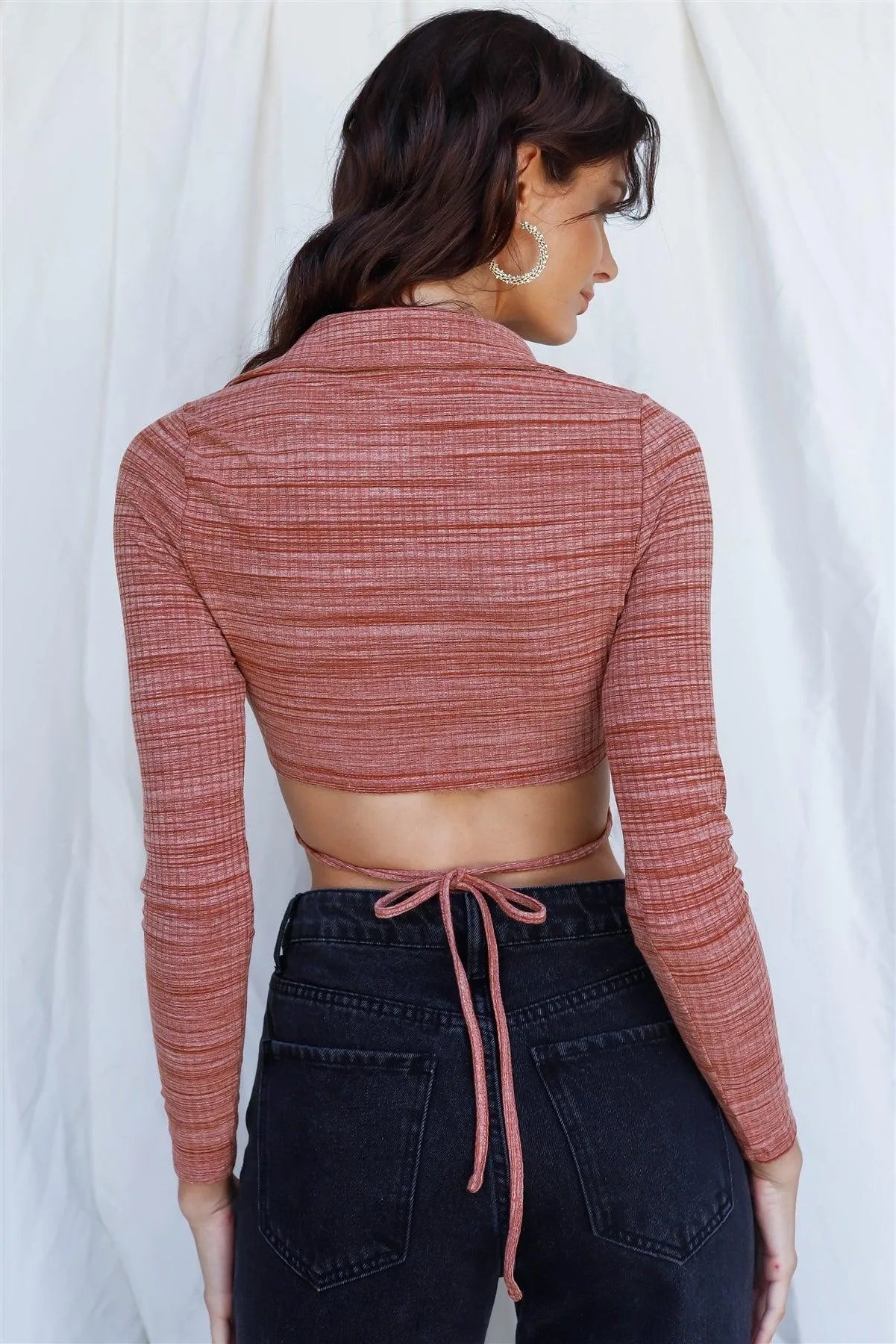 Heather Rust Collared Crop Top with Self-Tie