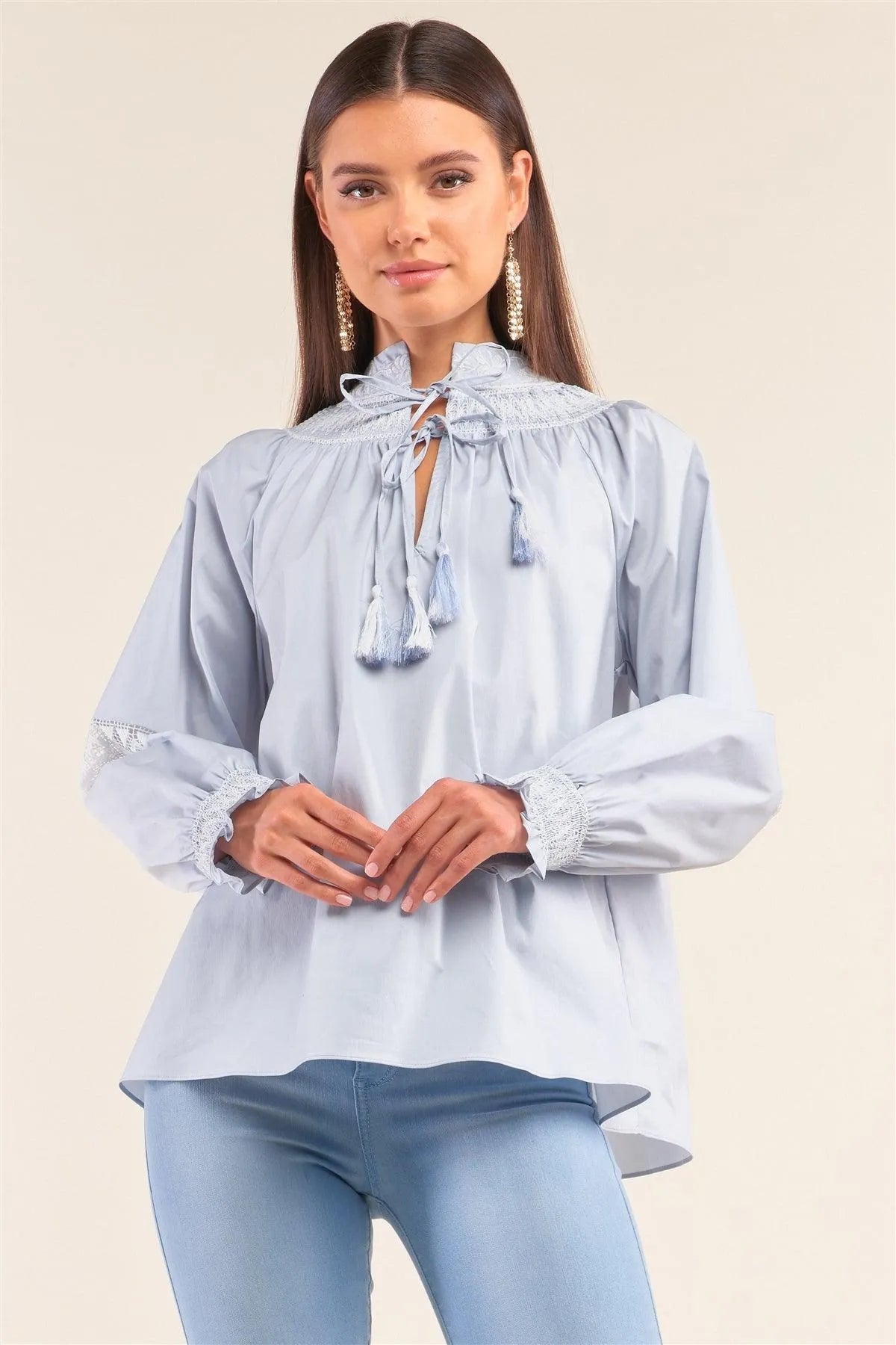 Dreamy Blue Embroidered Crochet Balloon Sleeve Tassel Blouse