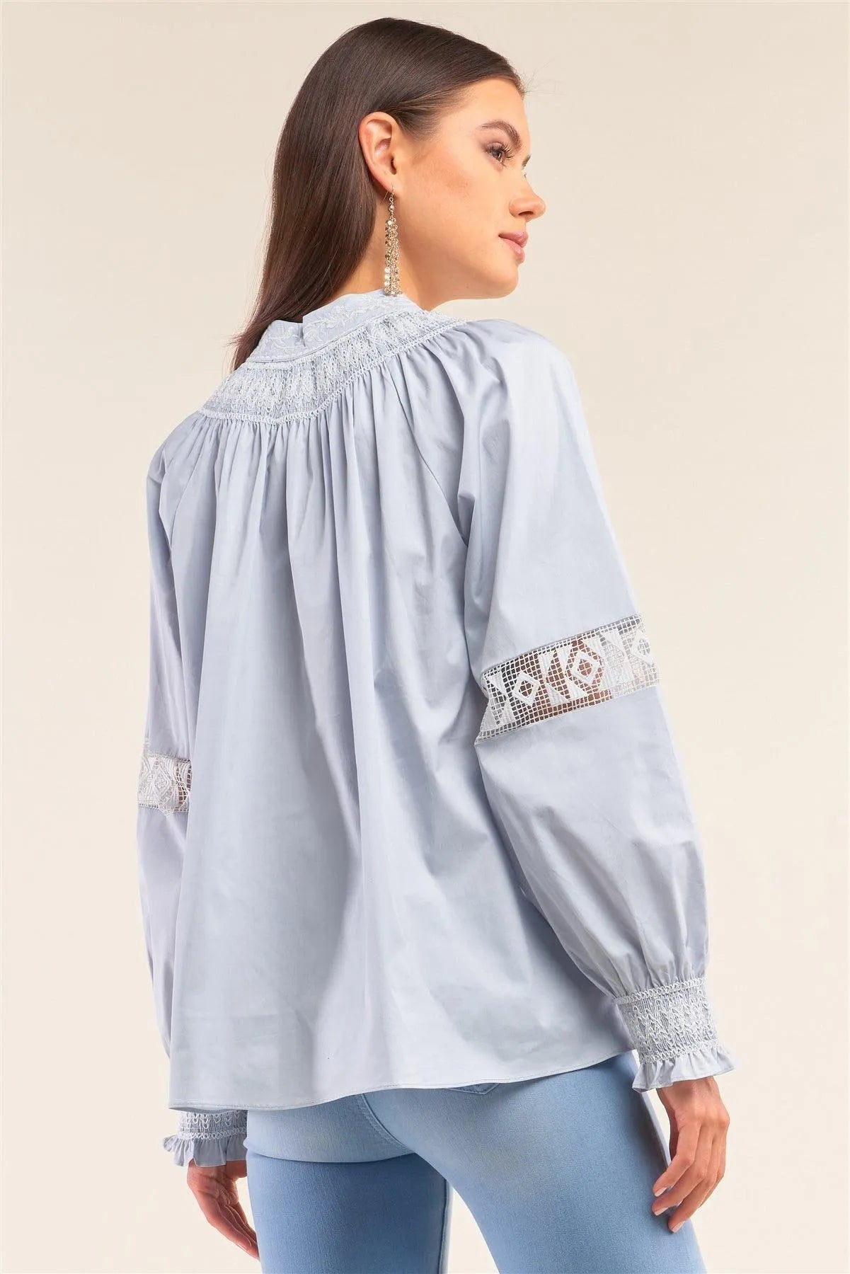 Dreamy Blue Embroidered Crochet Balloon Sleeve Tassel Blouse