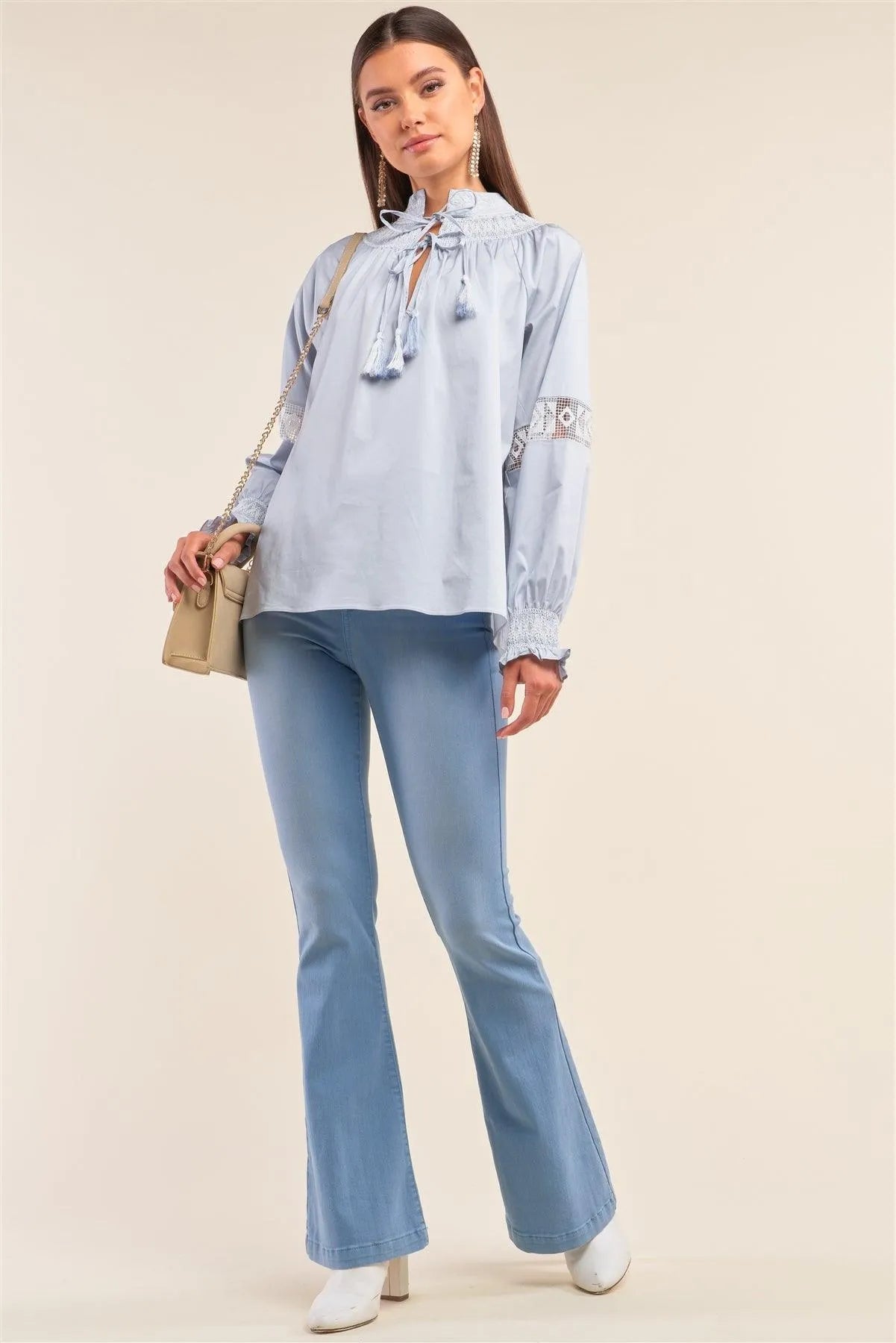 Dreamy Blue Embroidered Crochet Balloon Sleeve Tassel Blouse