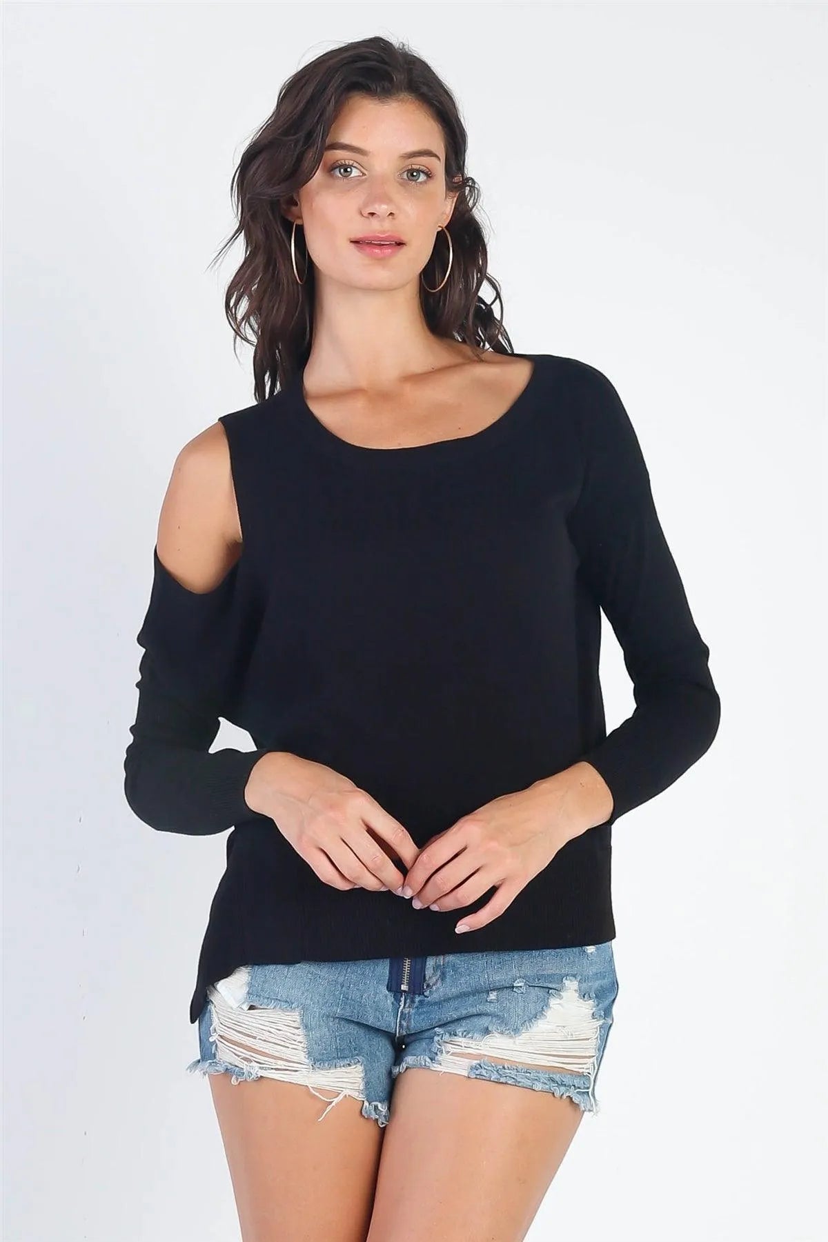 Basic Cold Shoulder Long Sleeve Knit Top