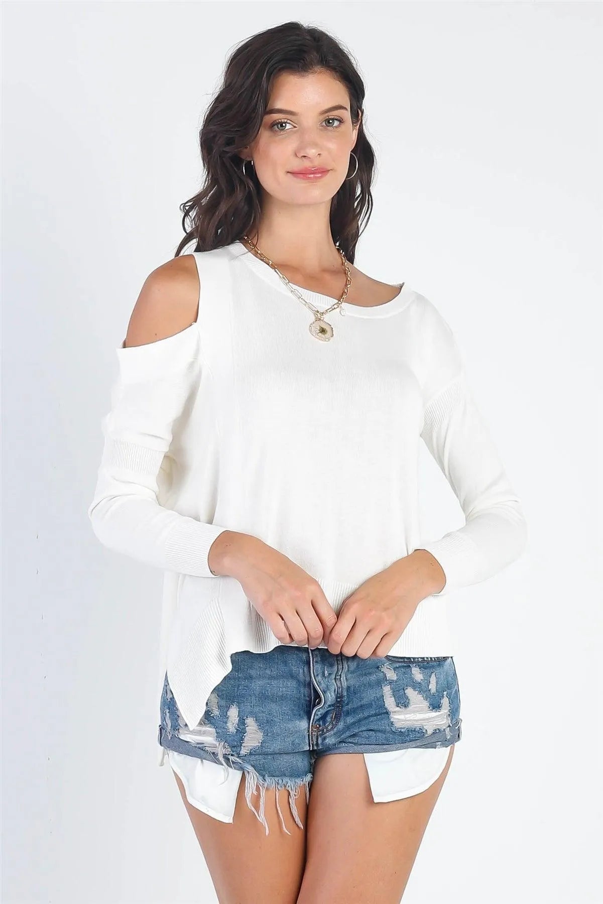 Basic Cold Shoulder Long Sleeve Knit Top