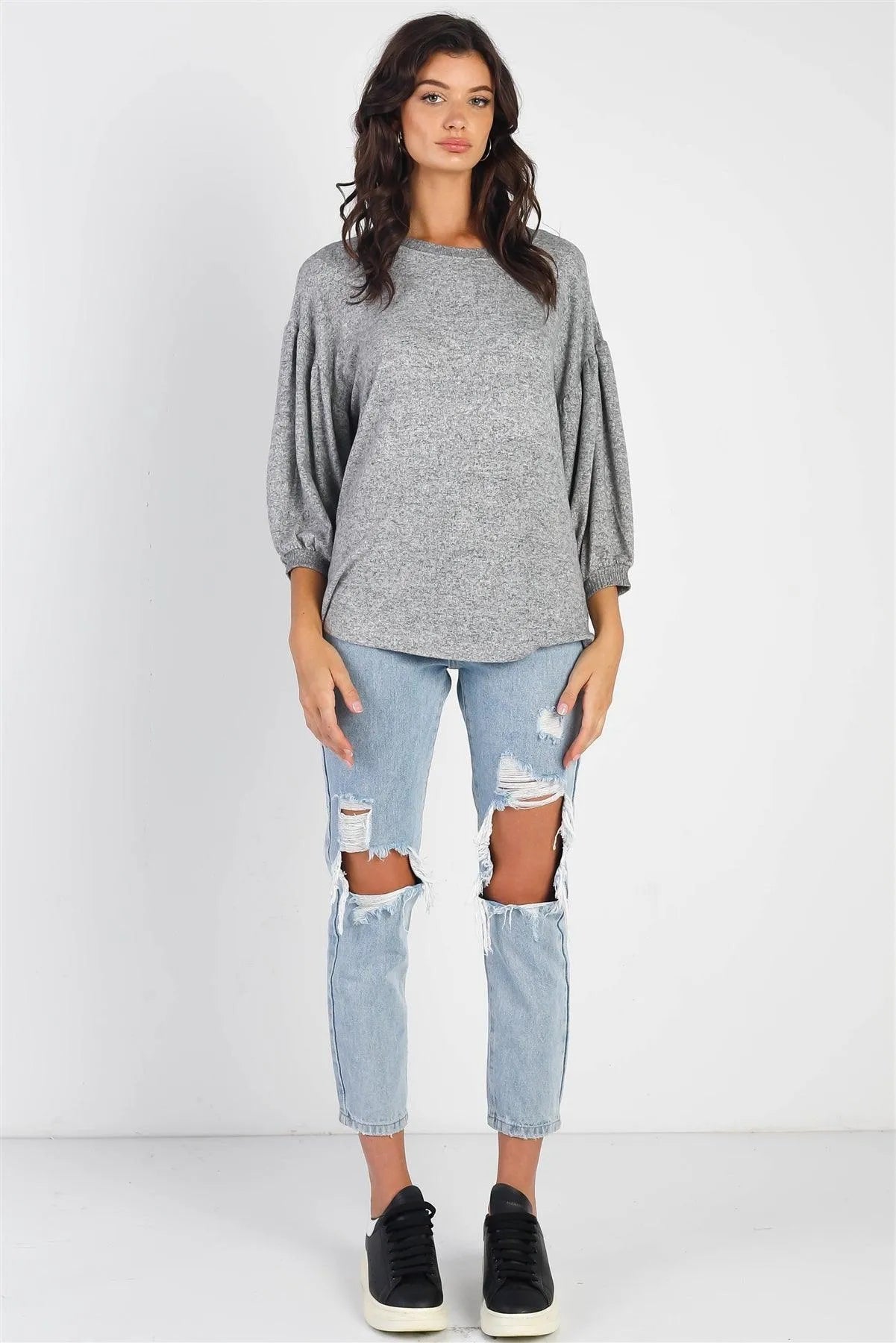 Heather Grey Soft Long Sleeve Puff Ballon Top