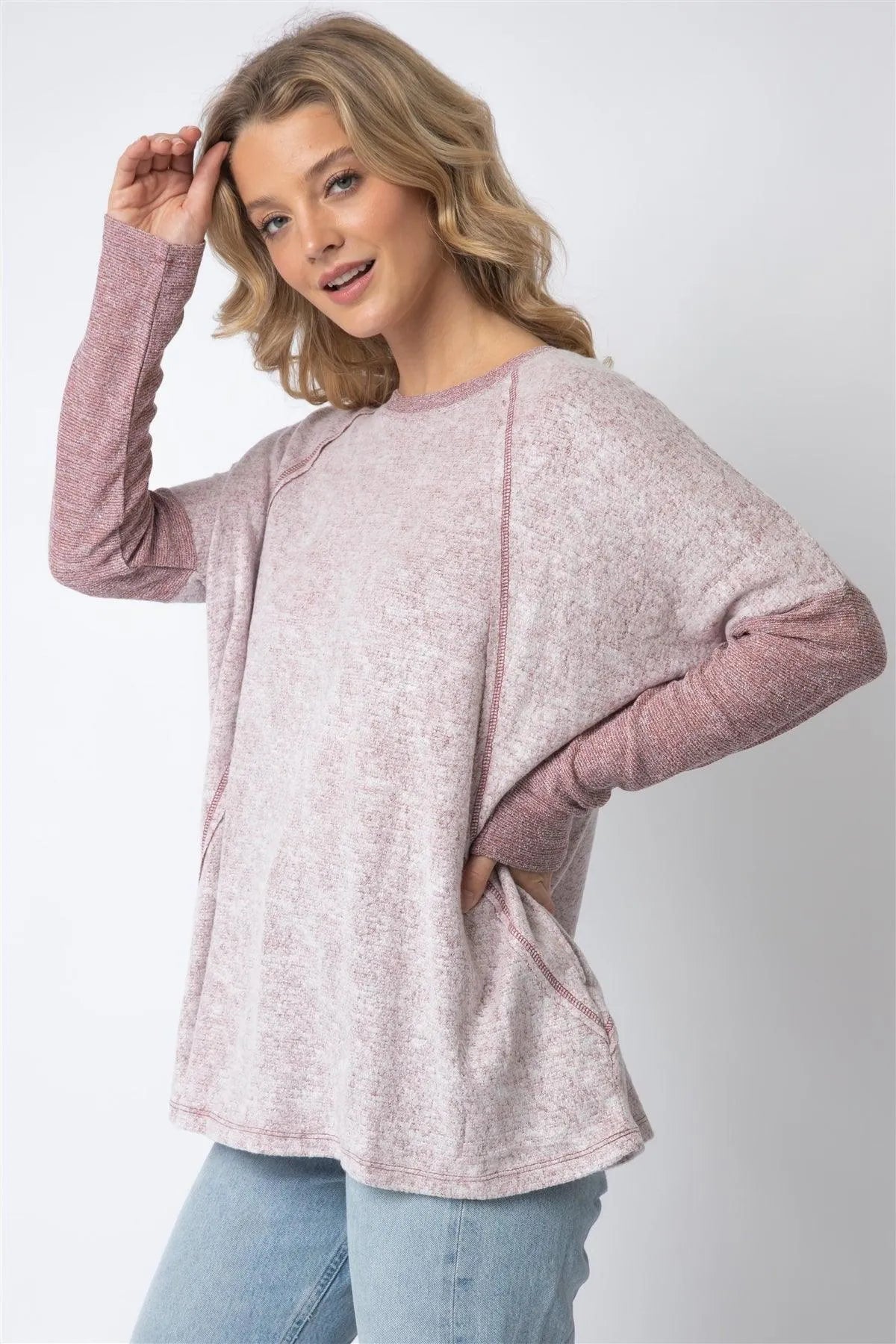 Burgundy Long Sleeve Round Neck Two Pocket Side Top