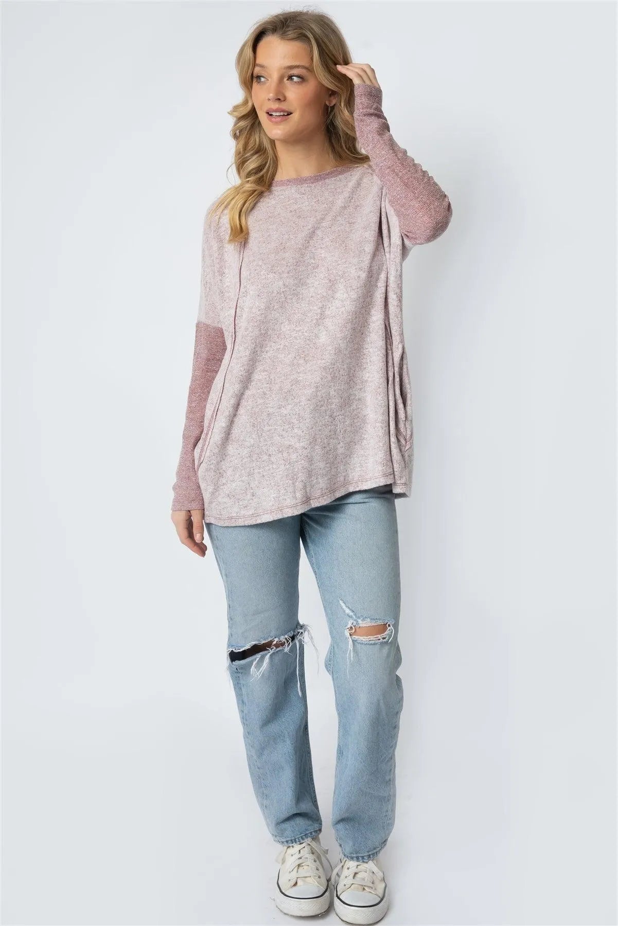 Burgundy Long Sleeve Round Neck Two Pocket Side Top