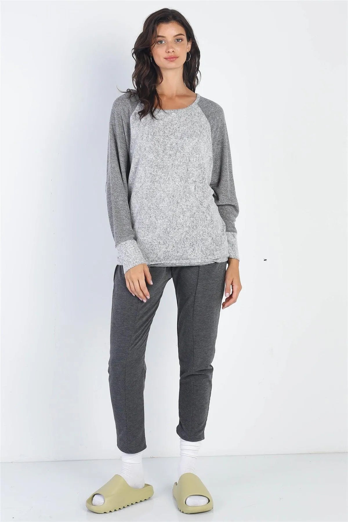 Heather Grey Round Neck Long Sleeve Cuff Top