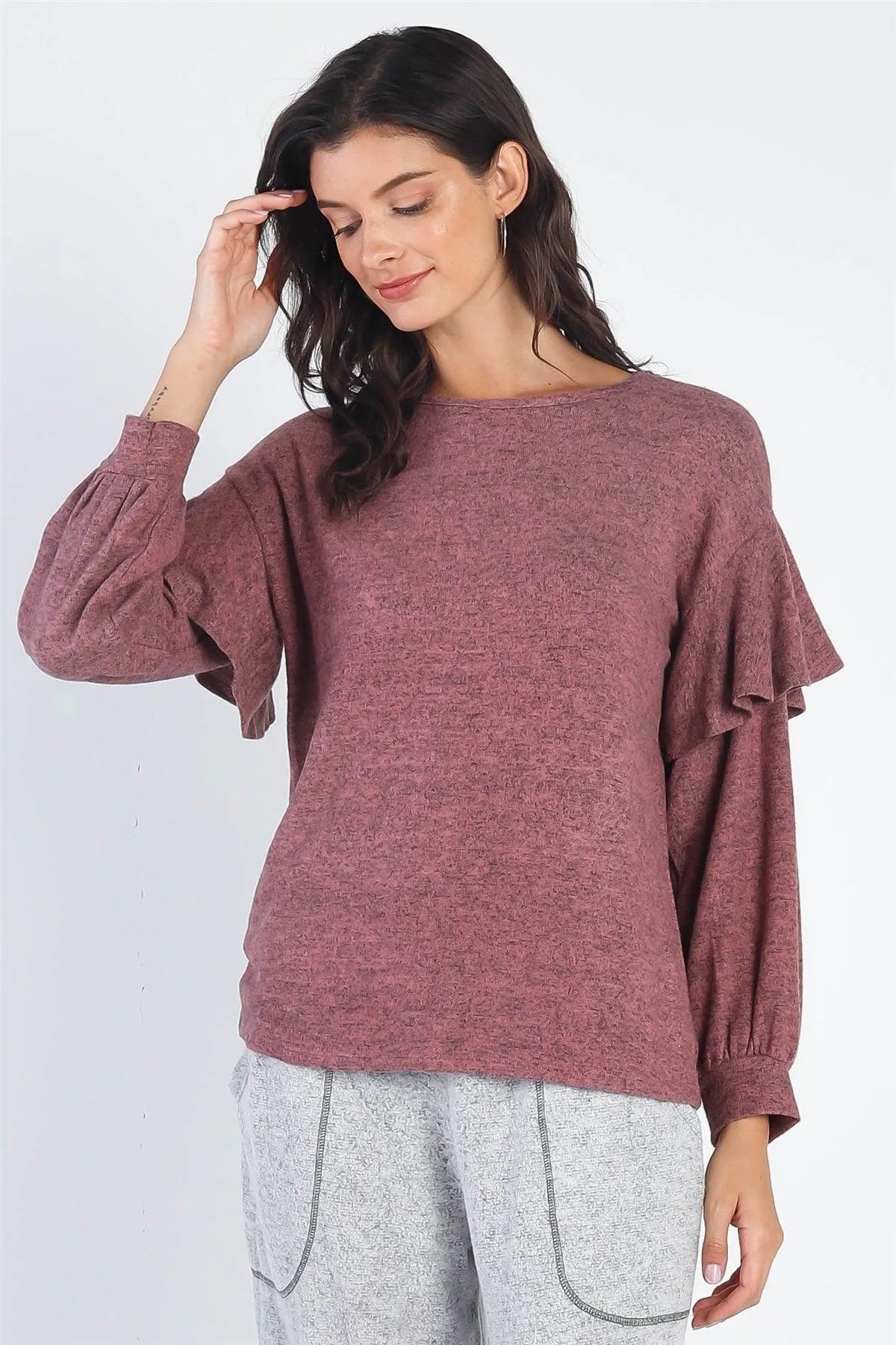 Mauve Ruffle Shoulder Long Sleeve Top