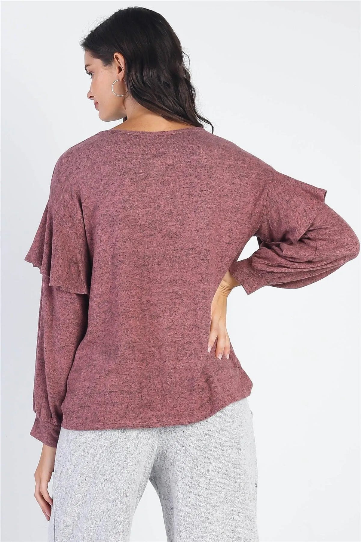 Mauve Ruffle Shoulder Long Sleeve Top