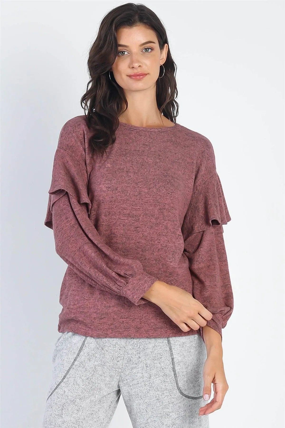 Mauve Ruffle Shoulder Long Sleeve Top