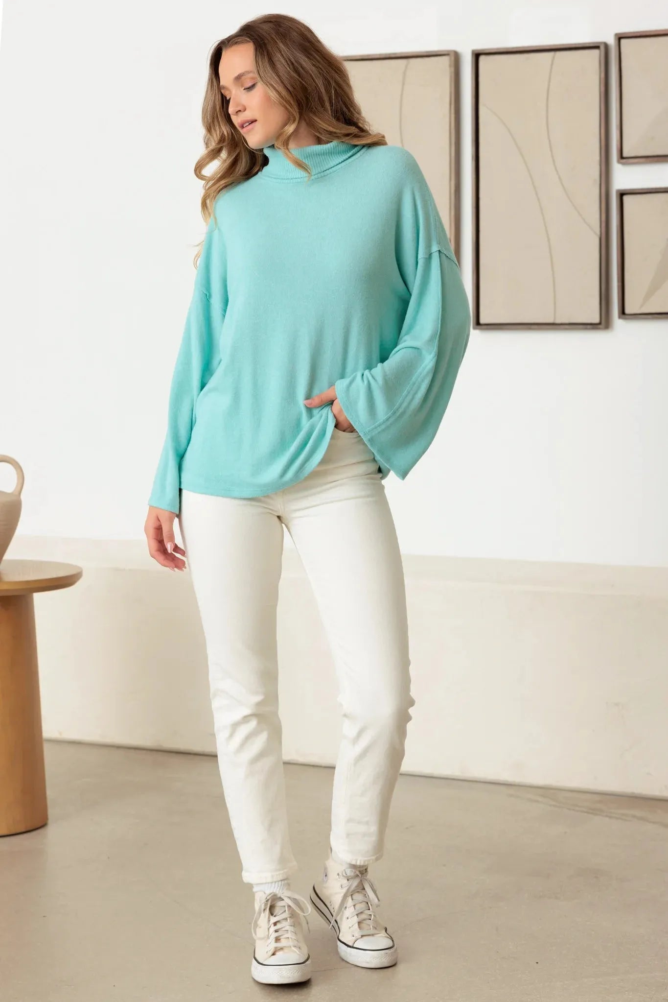 Turtle Neck Wide Long Sleeve Soft Knit Top