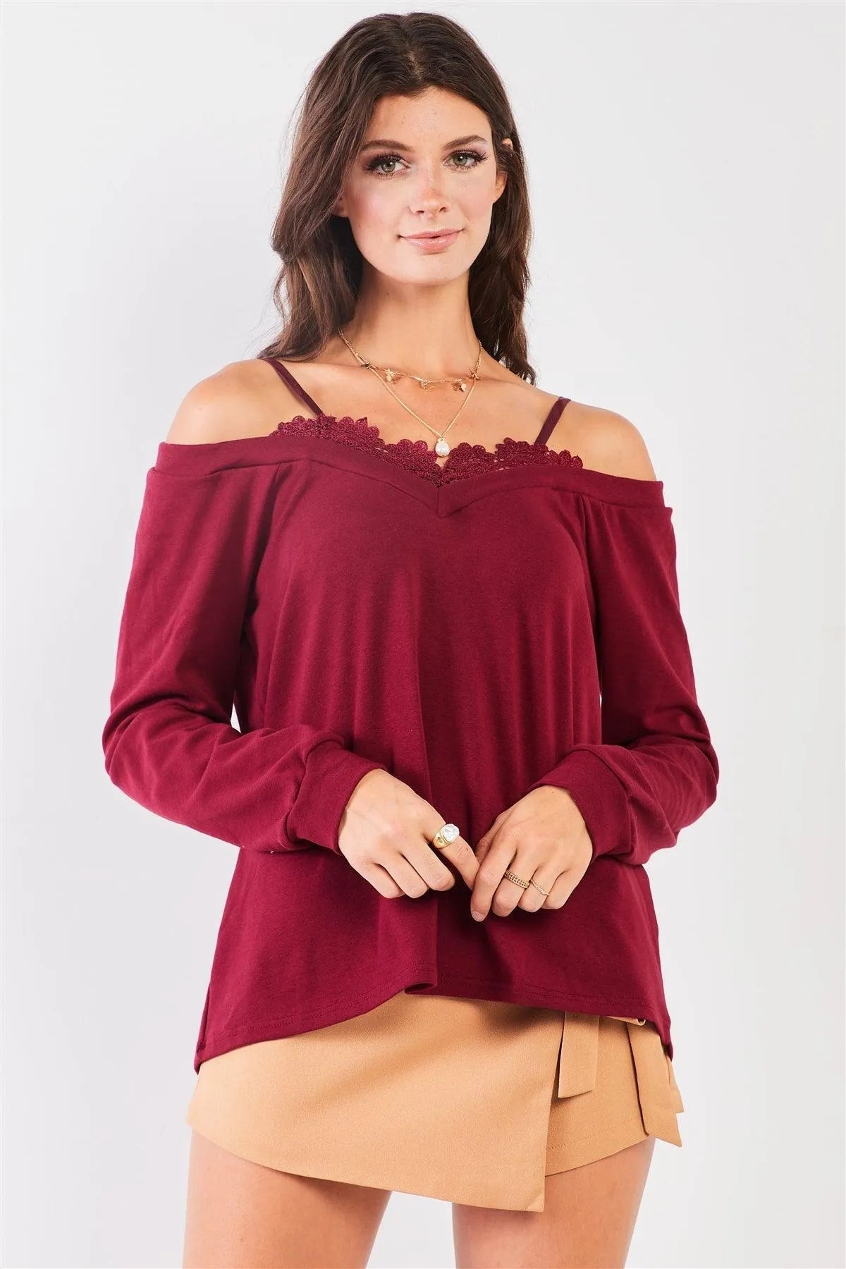 Wine Off-Shoulder Lace Trim Long Sleeve Sweetheart Top
