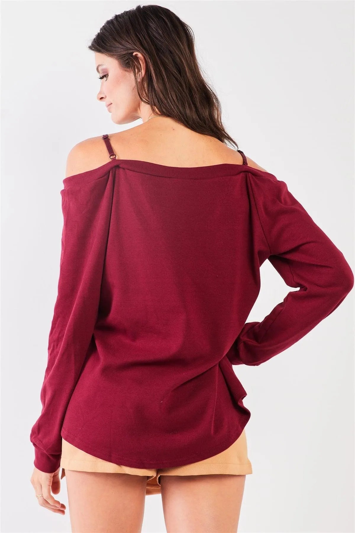 Wine Off-Shoulder Lace Trim Long Sleeve Sweetheart Top