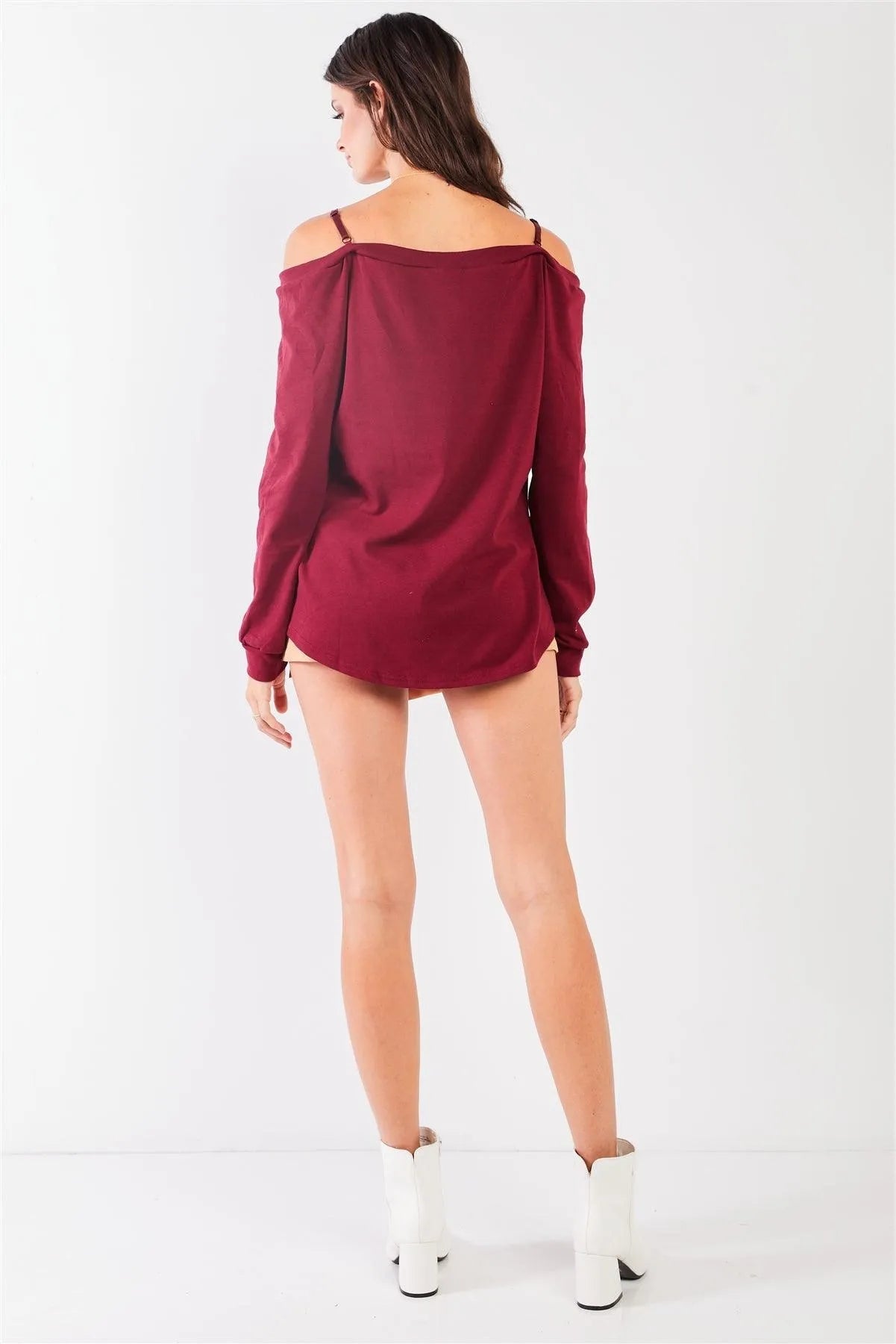 Wine Off-Shoulder Lace Trim Long Sleeve Sweetheart Top