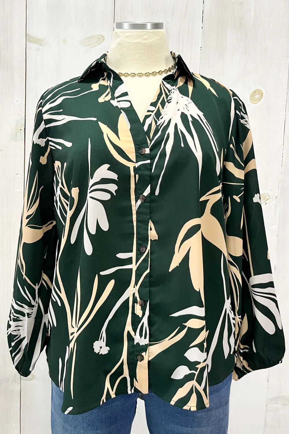 Plus Size Green Tropical Botanical Print Button Down Blouse