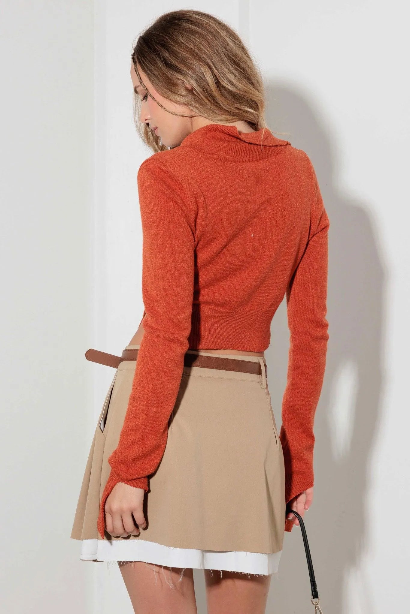 Cut Out Collared Long Sleeve Sweater Crop Top