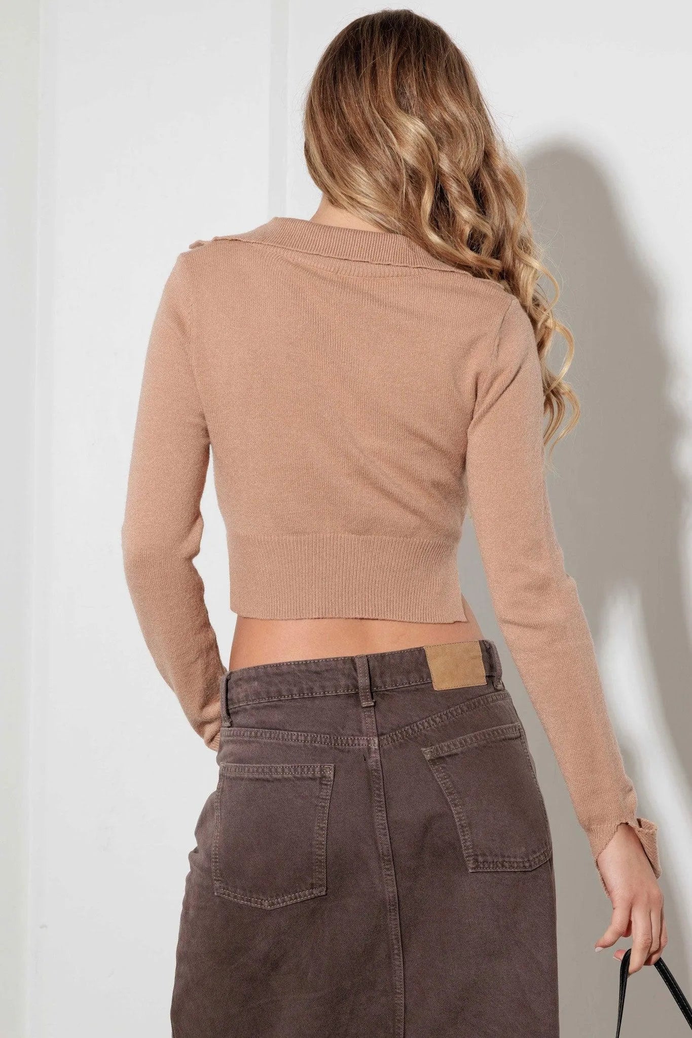 Cut Out Collared Long Sleeve Sweater Crop Top
