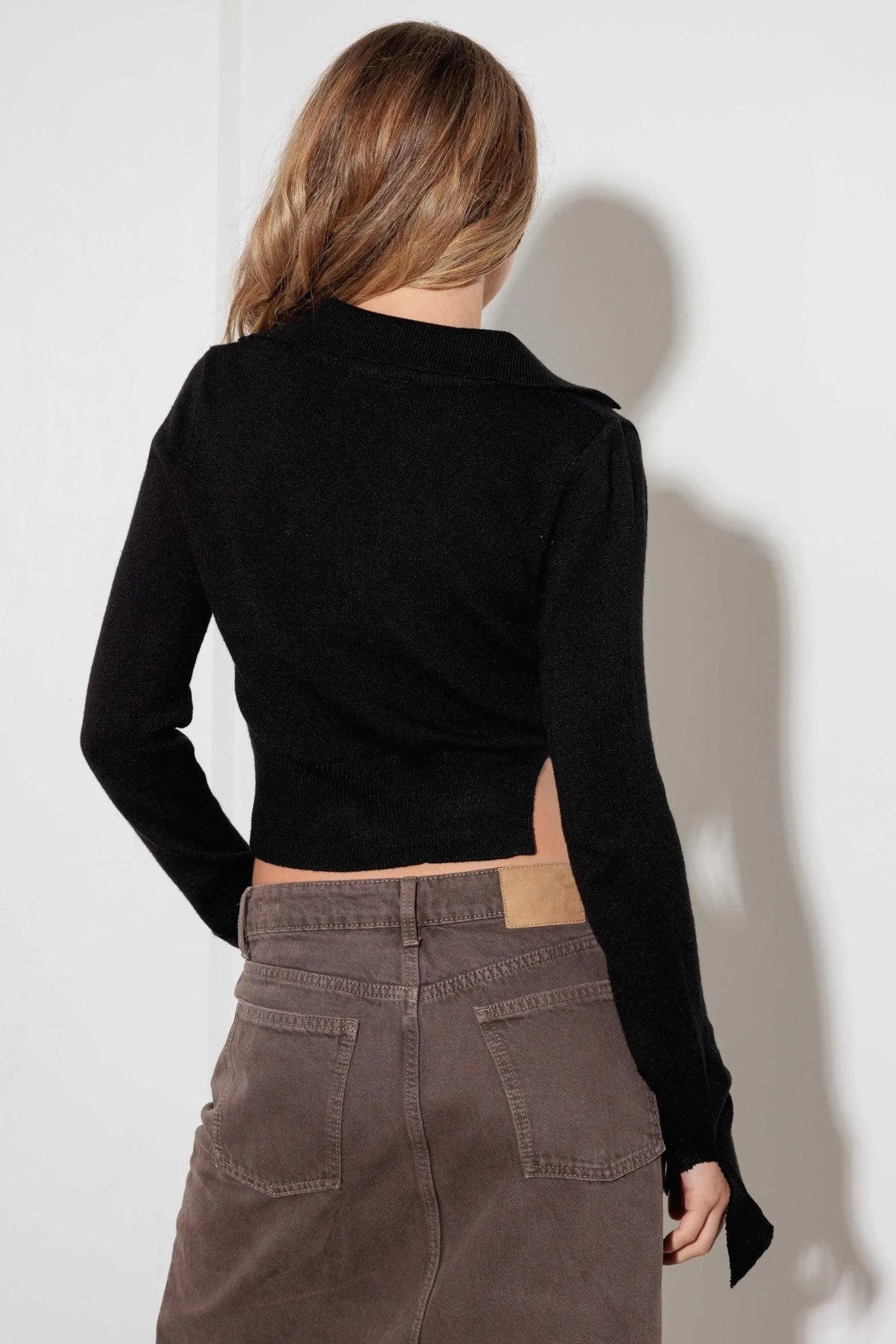Cut Out Collared Long Sleeve Sweater Crop Top