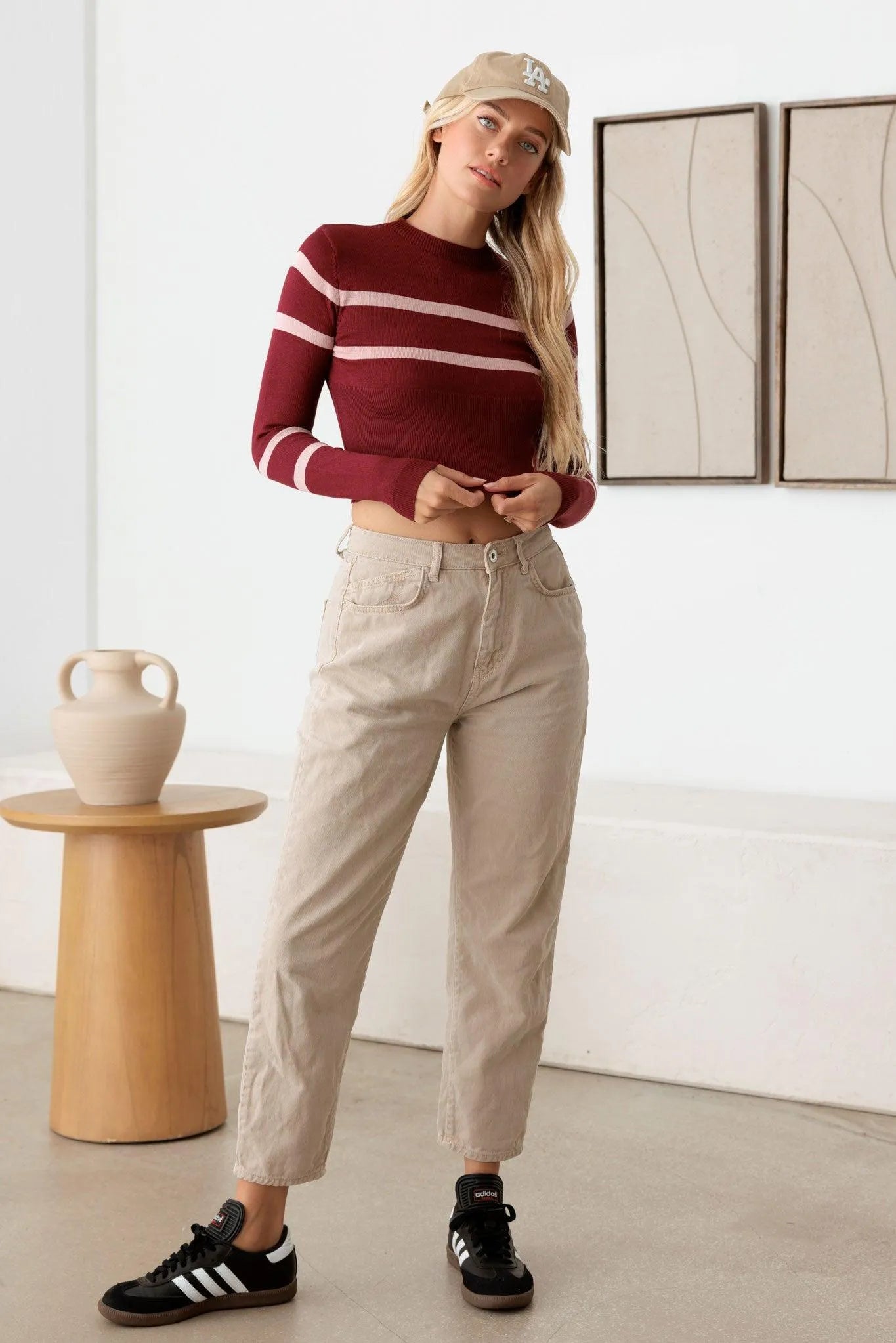 Striped Long Sleeve Crop Knit Top