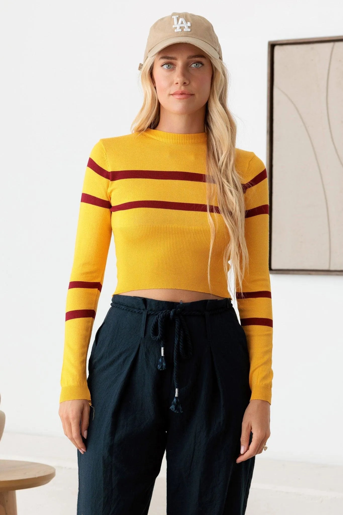 Striped Long Sleeve Crop Knit Top
