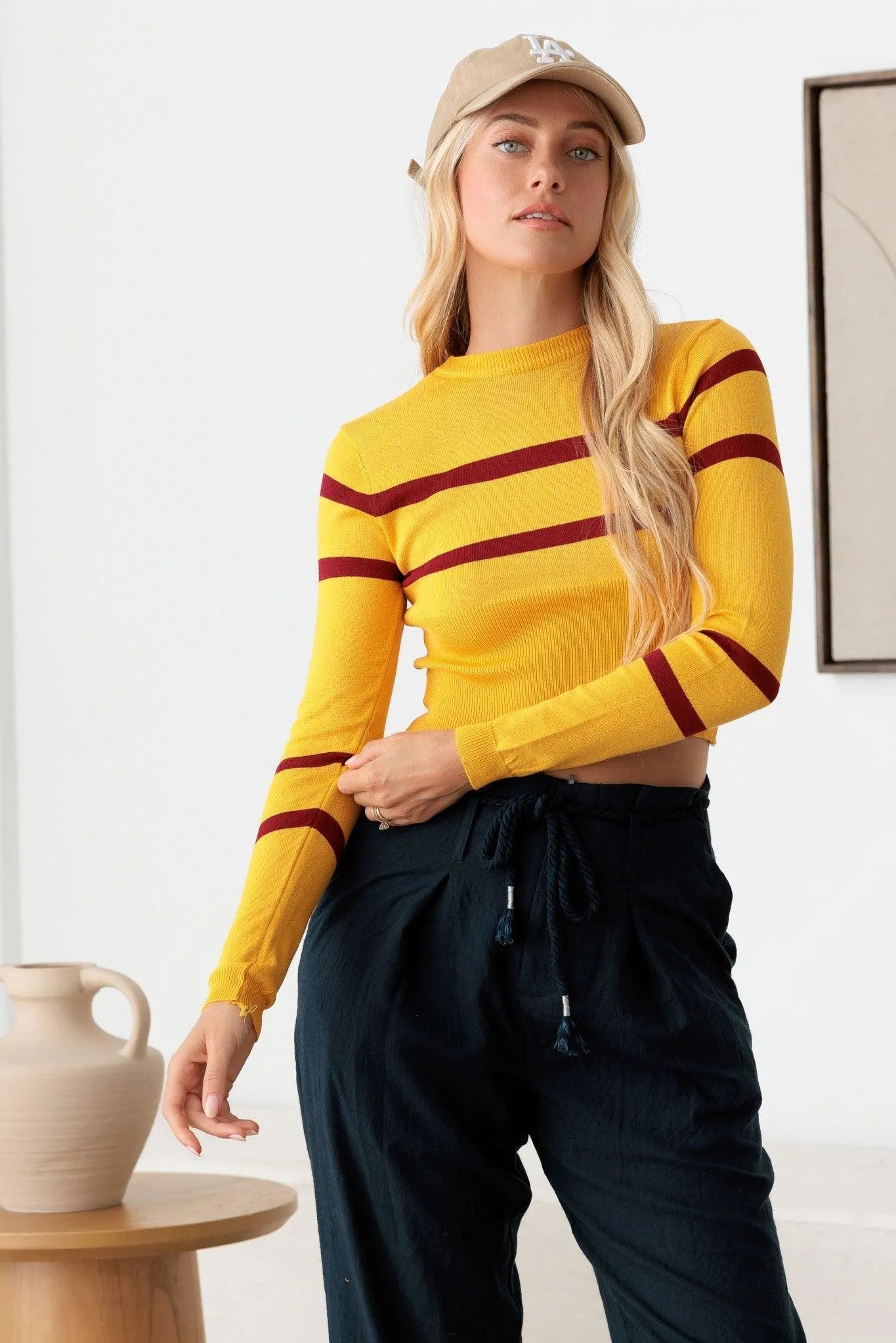 Striped Long Sleeve Crop Knit Top