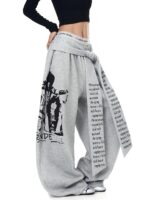 Women’s Street Style Graphic Wide-Leg Pants – High Waist Drawstring Sweatpants – Gray / Black