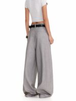 Women’s High Waist Pinstripe Wide-Leg Pants – Vintage Tailored Straight-Leg Trousers – Gray - Image 4