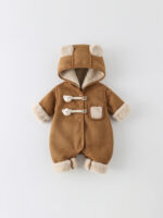 Baby Bear Hooded Fleece Jumpsuit｜Winter Warm One-Piece Romper｜Soft Faux Suede Infant Snowsuit｜Size 66–90