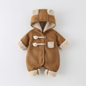 Baby Bear Hooded Fleece Jumpsuit｜Winter Warm One-Piece Romper｜Soft Faux Suede Infant Snowsuit｜Size 66–90
