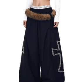 Women’s High-Waist Wide-Leg Pants | Faux Fur Waist Detail | Loose Fit Fashion Trousers