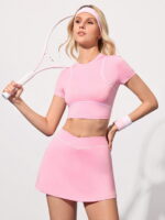 Women’s Golf Set – Short Sleeve Slim Fit Top & High-Waist A-Line Skirt – Stretchy, Breathable & Quick-Dry – Pink - Image 7