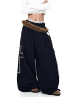 Women’s High-Waist Wide-Leg Pants | Faux Fur Waist Detail | Loose Fit Fashion Trousers - Image 4