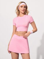 Women’s Golf Set – Short Sleeve Slim Fit Top & High-Waist A-Line Skirt – Stretchy, Breathable & Quick-Dry – Pink - Image 6