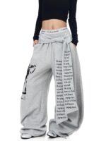 Women’s Street Style Graphic Wide-Leg Pants – High Waist Drawstring Sweatpants – Gray / Black - Image 5