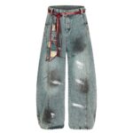 Men’s Vintage Washed Wide-Leg Jeans｜High Street Tie Detail Straight Denim Pants