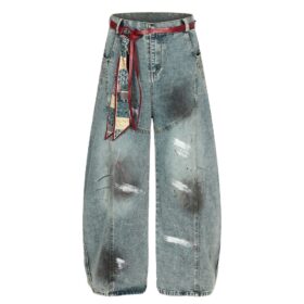 Men’s Vintage Washed Wide-Leg Jeans｜High Street Tie Detail Straight Denim Pants