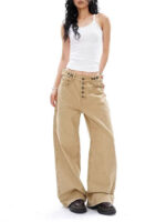 Women’s Vintage High-Waist Wide-Leg Pants | Button-Front Loose Fit Trousers | Street Style Long Pants