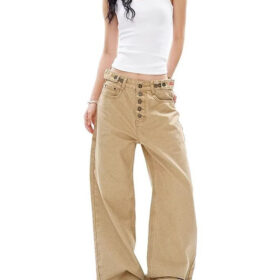 Women’s Vintage High-Waist Wide-Leg Pants | Button-Front Loose Fit Trousers | Street Style Long Pants