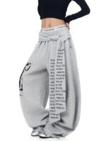 Women’s Street Style Graphic Wide-Leg Pants – High Waist Drawstring Sweatpants – Gray / Black - Image 4