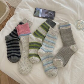 Women’s Vintage Striped Crew Socks Set｜Soft Terry Cotton Socks｜Warm & Cozy｜Multi-Pair Pack
