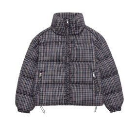 Women’s Plaid Cropped Puffer Jacket | High Collar Quilted Winter Coat | Loose Fit Warm Outerwear
