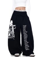 Women’s Street Style Graphic Wide-Leg Pants – High Waist Drawstring Sweatpants – Gray / Black - Image 3