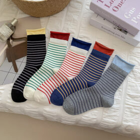 Women’s Striped Crew Socks Set｜Cotton Blend Socks｜Vintage Color Block Design｜Multi-Pair Pack
