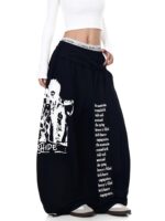 Women’s Street Style Graphic Wide-Leg Pants – High Waist Drawstring Sweatpants – Gray / Black - Image 2