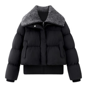 Women’s Cropped Puffer Jacket with Knit Collar | Winter Padded Short Coat | Casual Warm Outerwear