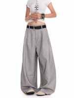 Women’s High Waist Pinstripe Wide-Leg Pants – Vintage Tailored Straight-Leg Trousers – Gray