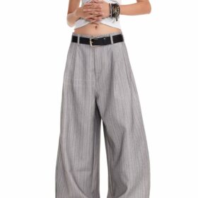 Women’s High Waist Pinstripe Wide-Leg Pants – Vintage Tailored Straight-Leg Trousers – Gray