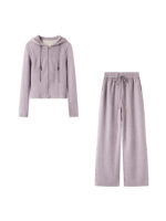 Women’s Hooded Zip-Up Casual Set | Cropped Jacket & High-Waist Wide Leg Pants | Autumn Winter Two-Piece Outfit